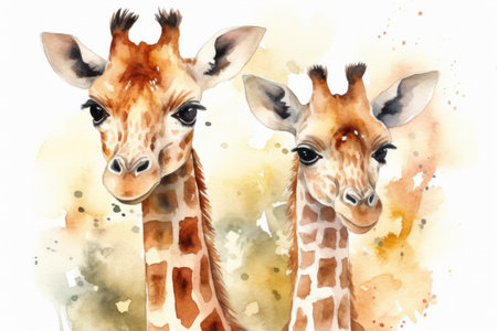 Watercolor portrait of two giraffes on watercolor background.の素材