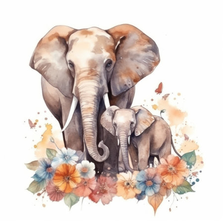 Watercolor illustration of a family of elephants with flowers and leaves.の素材