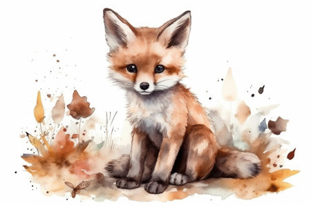 Cute fox sitting on autumn leaves, watercolor illustration, isolated on white backgroundの素材