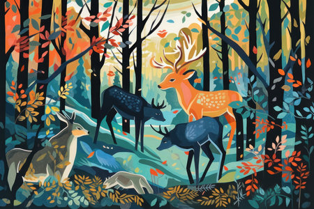 forest landscape with deer. Vector illustration in flat style. wild animals in the forest.の素材
