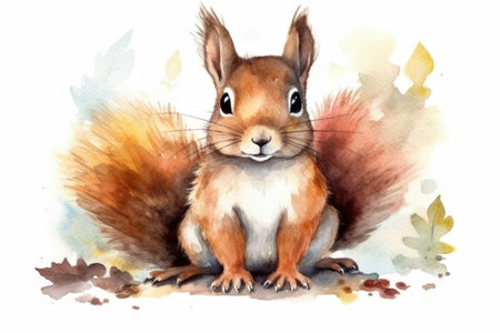 Watercolor squirrel with autumn leaves on white background. hand drawn illustrationの素材