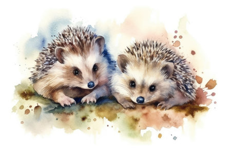 Two hedgehogs on watercolor background. watercolor illustration.の素材