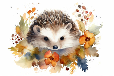 Cute hedgehog with autumn leaves. Watercolor hand drawn illustrationの素材