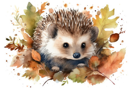 Cute hedgehog in autumn leaves. Watercolor hand drawn illustrationの素材