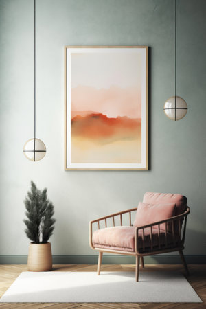 Interior of modern living room with pink armchair and poster on wallの素材
