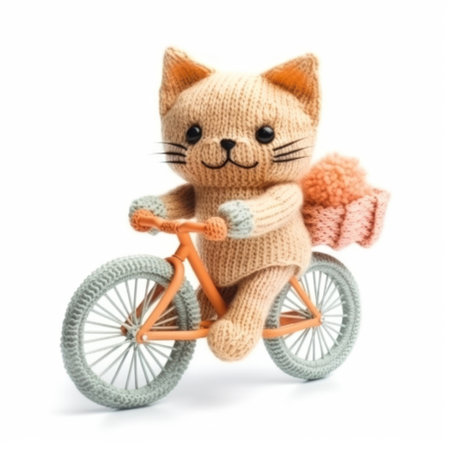 Handmade knitted cat on a bicycle isolated on a white backgroundの素材