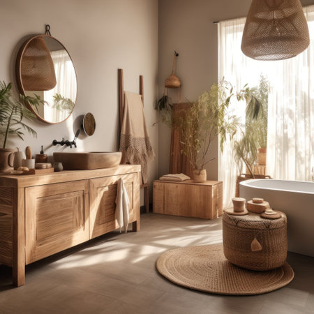 Bathroom interior with wooden bathtub and mirror. 3d renderingの素材