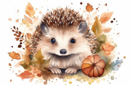 Cute hedgehog with autumn leaves. Watercolor hand drawn illustrationの素材
