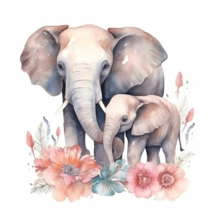 Watercolor illustration of an elephant with flowers. Hand drawn isolated on white backgroundの素材