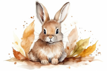 Cute watercolor rabbit with autumn leaves, isolated on white backgroundの素材