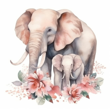 Watercolor illustration of an elephant with flowers. isolated on white background.の素材
