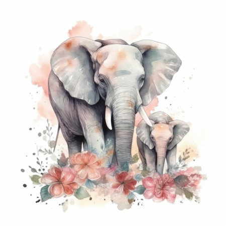 Watercolor illustration of an elephant and a baby elephant with flowers.の素材