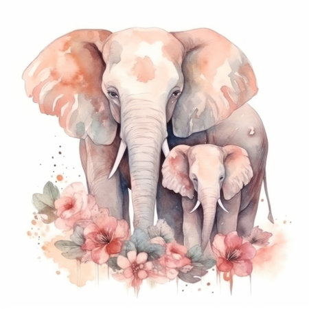 Watercolor illustration of an elephant with flowers on a white background.の素材