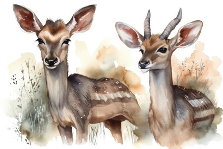 Watercolor image of a pair of deers on a white backgroundの素材