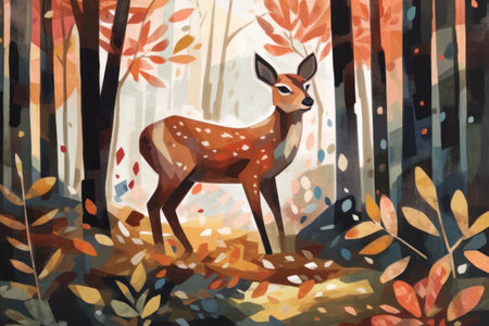Watercolor painting of a deer in the autumn forest, vector illustrationの素材