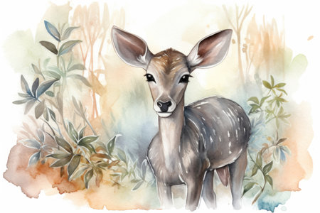 Watercolor portrait of a deer in the forest. hand drawn illustrationの素材