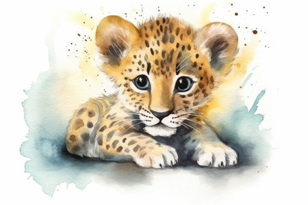 Watercolor illustration of a leopard cub on a white background.の素材