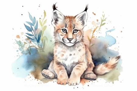 Watercolor illustration of a wild lynx. isolated on white background.の素材