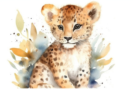 Watercolor illustration of a cheetah cub sitting on a white backgroundの素材