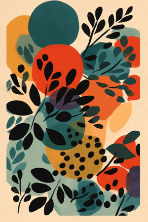 Abstract floral background. Hand drawn vector illustration with flowers, leaves, dots, spots and spots. Scandinavian style.の素材