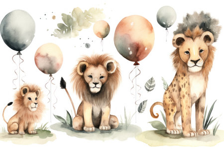 Watercolor illustration of a lion family with balloons on a white backgroundの素材