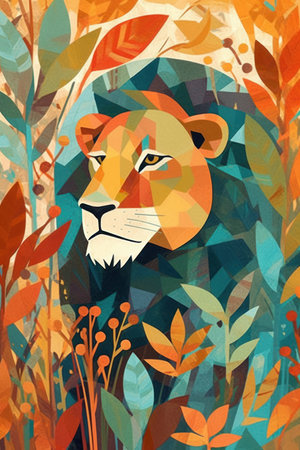 lion in the jungle, watercolor illustration, hand-drawnの素材
