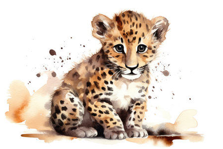 Watercolor illustration of a cheetah cub on a white backgroundの素材