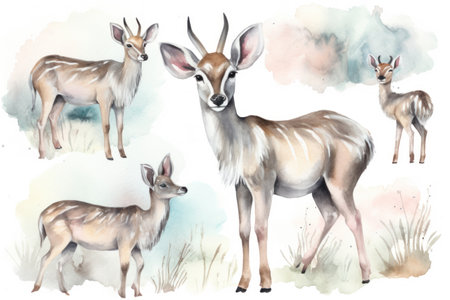 Watercolor illustration of a group of deer on a white background.の素材