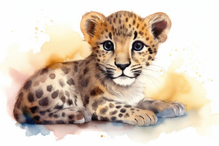 Watercolor illustration of a baby cheetah on a white backgroundの素材