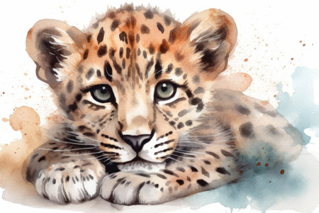 Watercolor portrait of a leopard cub lying on a white backgroundの素材
