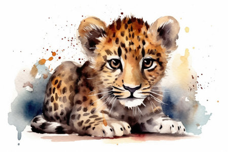 Watercolor illustration of a cheetah cub sitting on a white backgroundの素材