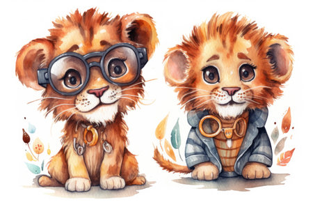 Cute cartoon lion cubs with glasses. watercolor illustration.の素材