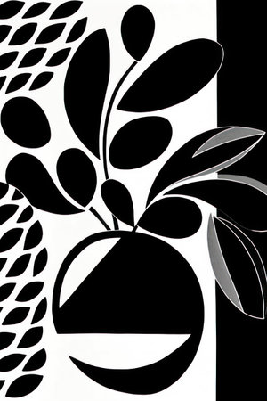 abstract black and white background with leaves and flowers, illustrationの素材