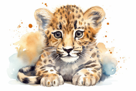Watercolor leopard cub on a white background. hand drawn illustrationの素材