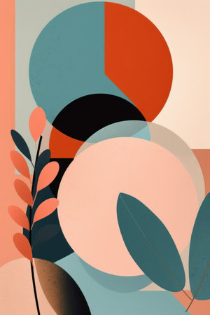 Abstract background with geometric shapes and leaves in pastel colors. vector illustration.の素材