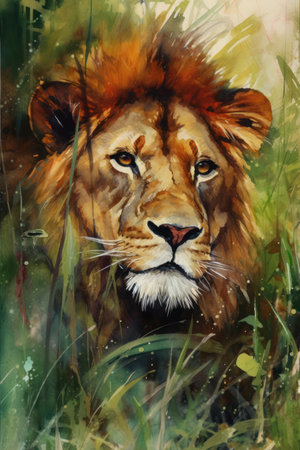Oil painting of a lion in the grass. illustration on canvas.の素材