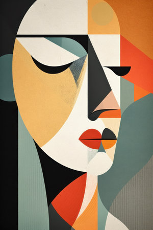 contemporary art collage. Abstract woman face combined with geometric shapes.の素材
