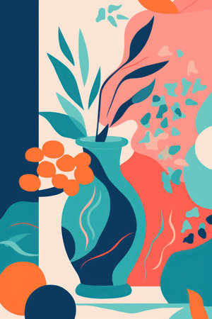 Vector illustration of vase with rowan berries on abstract background.の素材