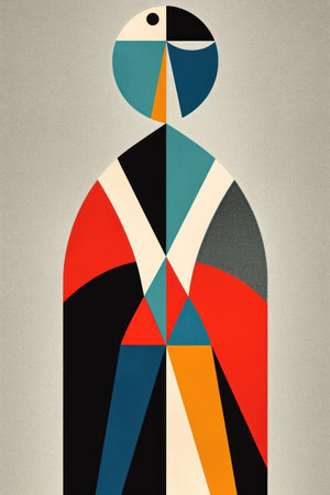 Abstract painting of a man with colorful geometric shapes in the background.の素材