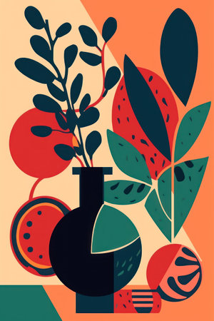Vector abstract illustration with vase, fruits and plants. minimalist design.の素材