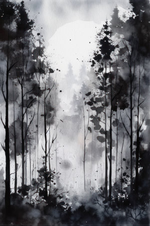 Trees in the forest. Black and white watercolor illustration.の素材