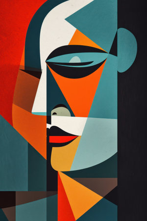 Abstract portrait of a woman combined with geometric shapes. Contemporary art collage.の素材
