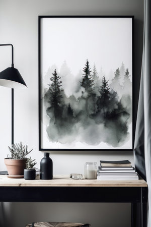 Stylish interior design of living room with black mock up poster, coffee cup, book, plant in pot, lamp and wooden table. Scandinavian style.の素材