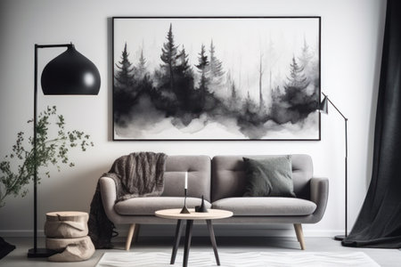 Modern living room interior with a gray sofa, a coffee table and a picture on the wall. 3d rendering mock upの素材
