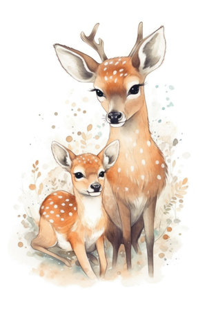Watercolor illustration of a pair of fawns with baby.の素材
