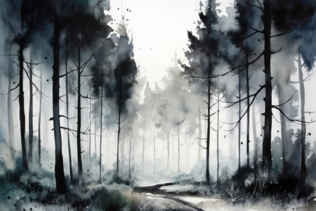 Pine forest in the fog. Digital watercolor painting on canvas.の素材