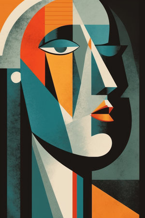 Contemporary art collage. Abstract portrait of a man combined with geometric shapes.の素材