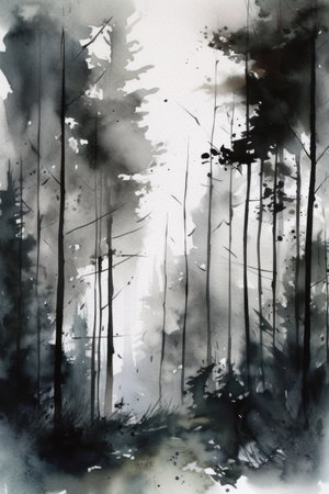 Abstract watercolor painting of trees in the forest. Black and white.の素材