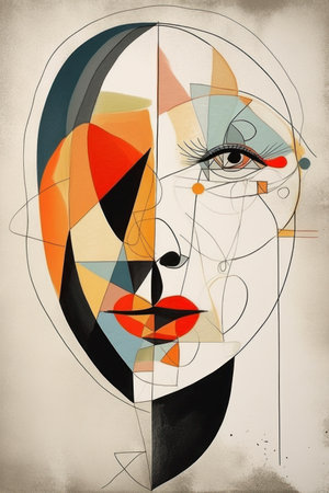 Hand drawn portrait of a woman with abstract face. Contemporary art collage.の素材