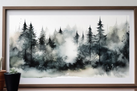 Painting on canvas with black and white trees in the fog.の素材